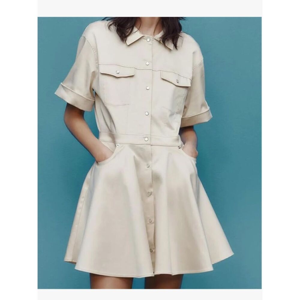 Zara Swing Shirt Cream Short-Sleeve Shirt Dress snap buttons size medium